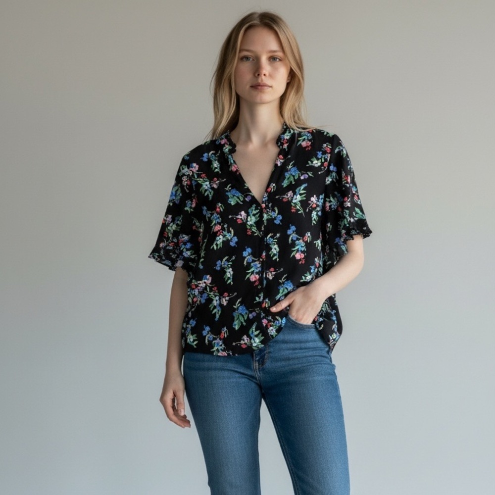 2/$30 Maeve Anthroplogie Black Floral Blouse with Ruffled Batwing  Sleeves